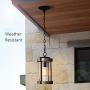 MOTINI Outdoor Pendant Light Fixture for Porch, 1-Light Exterior Hanging Lantern in Black and Wood Finish with Clear Ribbed Glass, Bulb Included