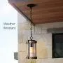 MOTINI Outdoor Pendant Light Fixture for Porch, 1-Light Exterior Hanging Lantern in Black and Wood Finish with Clear Ribbed Glass, Bulb Included