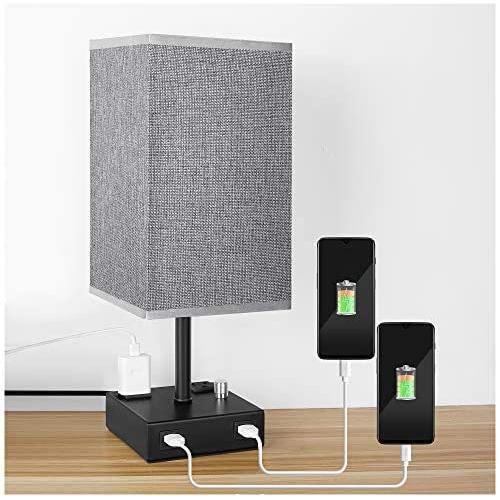 USB Bedside Table Lamp, PENDEI Table Lamp with Dual USB Charging Ports 2 Power Outlet, Metal Base with Grey Linen Fabric Shade, Nightstand Lamps for Bedroom Living Room Office (LED Bulb Included)