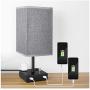 USB Bedside Table Lamp, PENDEI Table Lamp with Dual USB Charging Ports 2 Power Outlet, Metal Base with Grey Linen Fabric Shade, Nightstand Lamps for Bedroom Living Room Office (LED Bulb Included)