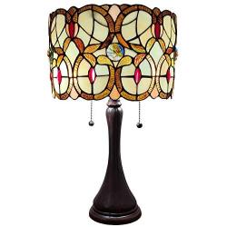 Amora Lighting Tiffany Style Table Lamp Banker Floral 21'' Tall Stained Glass Tan Brown Red Vintage Antique Light Décor Night Stand Living Room Bedroom Handmade Gift AM335TL10, Multicolor