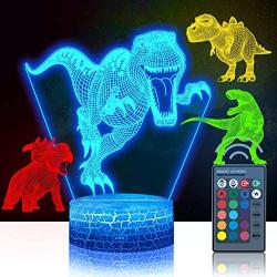 4 Pcs 3D Dinosaur Night Light, DDDNIGHTLIGHT Led Illusion Lamp 16 Color Change Remote Control Lights for Bed Living Room Kids Girls Boys Xmas 8993