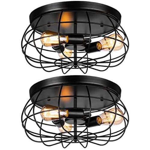 2 Pack Vintage Semi Flush Mount Ceiling Light, Elibbren E26 Industrial Metal Cage Ceiling Light Fixture 3 Lights for Bedroom Kitchen Dining Room Living Room