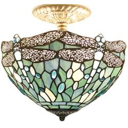 Tiffany Ceiling Fixture Light W12H11 Inch Semi Flush Mount Sea Blue Stained Glass Crystal Bead Dragonfly Lampshade S147 WERFACTORY Lamps Kid Living Room Bedroom Kitchen Island Bar Hallway