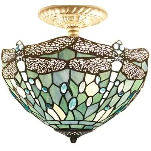 Tiffany Ceiling Fixture Light W12H11 Inch Semi Flush Mount Sea Blue Stained Glass Crystal Bead Dragonfly Lampshade S147 WERFACTORY Lamps Kid Living Room Bedroom Kitchen Island Bar Hallway Tiffany Ceiling Fixture Light W12H11 Inch Semi Flush Mount Sea Blue Stained Glass Crystal Bead Dragonfly Lampshade S147 WERFACTORY Lamps Kid Living Room Bedroom Kitchen Island Bar Hallway