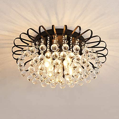 Semi Flush Mount 4-Light Crystal Chandelier，Modern Black Ceiling Lighting Fixture，Farmhouse Lighting for Island Bedroom Kitchen Dining Room Hallway