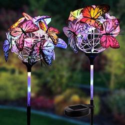 AmnoAmno Solar Garden Stake Lights Outdoor Decorative, Waterproof 2 Pack Butterfly Light Solar Powered with 18 Butterflies and Copper String Lights, Multicolor LED Solar Light for Yard, Lawn, Patio