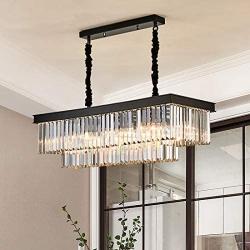 Moooni Rectangle Crystal Chandelier Industrial Rectangular Pendant Lighting Fixtrue for Dining Room Kitchen Island Farmhouse Dining Room Black 4 Lights L 32''x W 10'' x H 10''