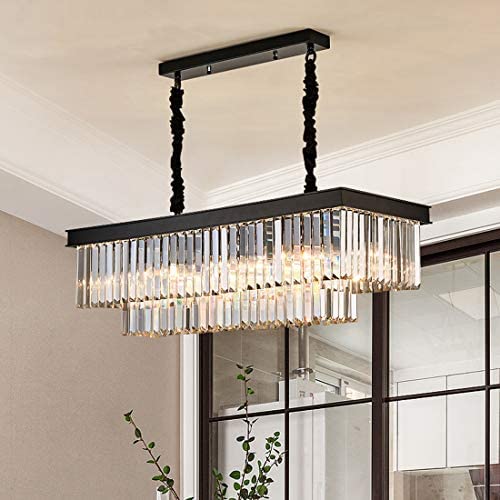 Moooni Rectangle Crystal Chandelier Industrial Rectangular Pendant Lighting Fixtrue for Dining Room Kitchen Island Farmhouse Dining Room Black 4 Lights L 32''x W 10'' x H 10''