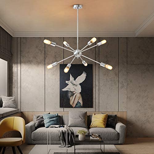 8-Lights Modern Pendant Light Silver Sputnik Chandeliers Industrial Vintage Semi Flush Mount Ceiling Light with Brushed Nickel for Living Room Dining Room Bedroom Kitchen