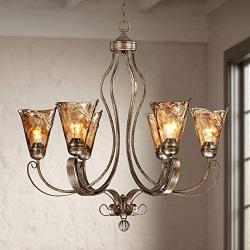 Amber Scroll Golden Bronze Silver Large Chandelier 31 1/2'' Wide Rustic Art Glass 6-Light Fixture for Dining Room House Foyer Kitchen Island Entryway Bedroom Living Room - Franklin Iron Works