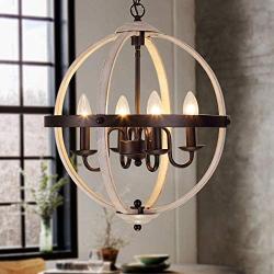 Q&S Rustic Farmhouse Light Fixture, Industrial Metal Pendant Light, ORB and Oak White Vintage Chandelier, 4 Lights Round Chandelier Fixture for Kitchen Island Dining Room,E12 D16.85 ''H 67.37 ''