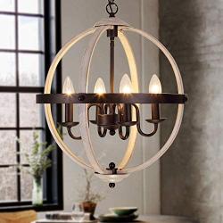 Q&S Rustic Farmhouse Light Fixture, Industrial Metal Pendant Light, ORB and Oak White Vintage Chandelier, 4 Lights Round Chandelier Fixture for Kitchen Island Dining Room,E12 D16.85 ''H 67.37 ''