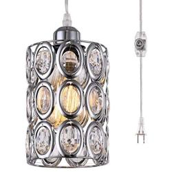 Swag Plug-in Crystal Pendant Light with 3.2 Ft Hanging Cord and On/Off Switch, Original Industrial Cage and Crystal Lampshade Design Hanging Lamp for Dining Room Restaurant Bed Room Hallway