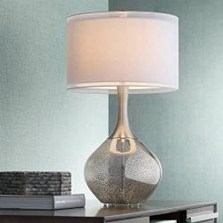 Swift Modern Table Lamp Mercury Glass Silver Sheer Twin Drum Shade for Living Room Family Bedroom Bedside Nightstand - Possini Euro Design