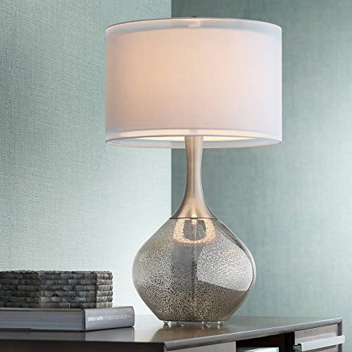 Swift Modern Table Lamp Mercury Glass Silver Sheer Twin Drum Shade for Living Room Family Bedroom Bedside Nightstand - Possini Euro Design