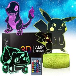 3D Pikachu Toys Night Light - 3D Illusion Lamp Three Patterns and 16 Color Change Decor Lamp with Remote Control, Christmas Gifts for Kids, Boys, Girls