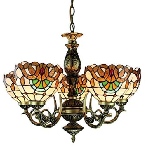 Tiffany Style Chandelier, Baroque Stained Glass Shade Multi-Head Ceiling Light, Living Room Bedroom Bar Decoration LED Pendant Light，E27，MAX40W (Size : 5 Heads)