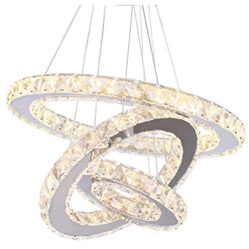 TongLan Modern Chandelier Lighting 23.6 x 15.7 x 7.9 inches LED Ceiling Fixtures 3 Rings Adjustable Stainless Steel Contemporary Crystal Light for Foyer Bedroom (Warm White)