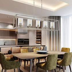 VINLUZ Indoor Linear 5 Light Kitchen Island Chandelier in Brushed Nickel Finish with Clear Glass Shade Cage Metal Frame Pendant Lighting for Living Room Bedroom