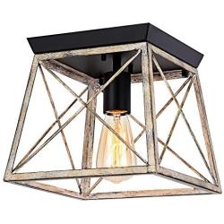 Pauwer Industrial Flush Mount Ceiling Light Farmhouse Rustic Metal Cage Close to Ceiling Lighting Fixture Faux Wood Paint