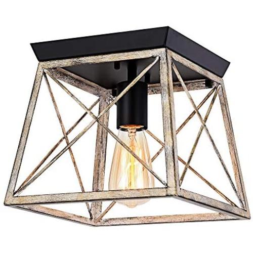 Pauwer Industrial Flush Mount Ceiling Light Farmhouse Rustic Metal Cage Close to Ceiling Lighting Fixture Faux Wood Paint