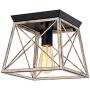 Pauwer Industrial Flush Mount Ceiling Light Farmhouse Rustic Metal Cage Close to Ceiling Lighting Fixture Faux Wood Paint