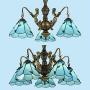 KWOKING Lighting Tiffany Hanging Lamp Mermaid Design 3 Lights Vintage-Style Chandelier Light with Stained Glass Lampshade 23'' Width Dining Room Light in Blue