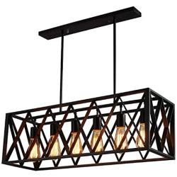 Farmhouse Island Lights, SAM Vintage Rectangle Pendant Light Frame Shade Matte Metal Linear Chandelier Black Painted 6-Lights Island Lights for Kitchen Bar Cafe Dining Room E26