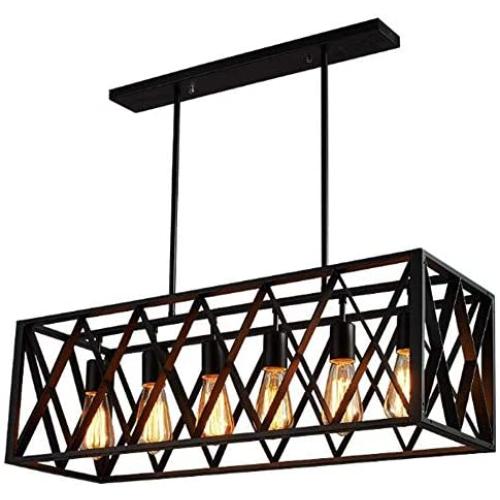 Farmhouse Island Lights, SAM Vintage Rectangle Pendant Light Frame Shade Matte Metal Linear Chandelier Black Painted 6-Lights Island Lights for Kitchen Bar Cafe Dining Room E26