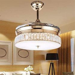 BIGBANBAN Crystal Chandelier Fan with Retractable Blade, Modern Gold Ceiling fans with Lights and Remote, LED Indoor Fan for Dining Room/Bedroom (36 inch)