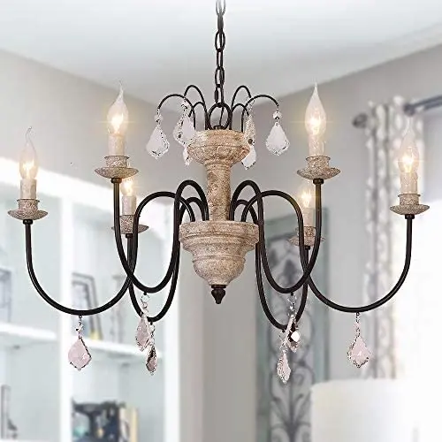 OSAIRUOS Retro French Chandelier White Distressed Wood Rust Metal Arms Candle Style Chandeliers 6 Lights for Living Dining Room W27.6 Bonus Bulbs