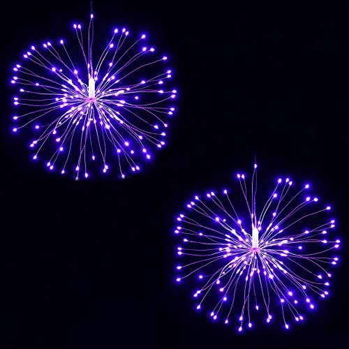 Joomer 2 Pack LED Starburst Lights, 8 Modes 120 LED Dimmable Fairy Lights, Twinkle Fireworks String Lights, Waterproof Battery Operated with Remote Control for Home, Patio, Parties, Wedding (Purple)
