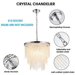 Larootsi Modern Crystal Chandeliers Round Elegant Chrome Pendant Lights with Crystal Raindrop for Dining Room Living Room Hallway Hotel Bar Restaurant E12X4