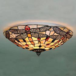 Tiffany Glass Ceiling Light, Retro Flush Mount Fixtures Handmade Shade Vintage Multicolor Lighting Lamps Hanging Pendant Lamp Fixture Stained Glass Ceiling Light 16 Inch Home Dining Room Chandelier