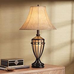 Cardiff Traditional Table Lamp with Nightlight Urn Dark Iron Bronze Beige Fabric Bell Shade for Living Room Bedroom - Franklin Iron Works