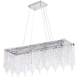 30'' Contemporary Linear Crystal Chandelier - Stainless Island 6-Lights Crystal Pendant Lighting Fixture - Modern Rectangular Dining Room Crystal Hanging Light Luenfat Lighting