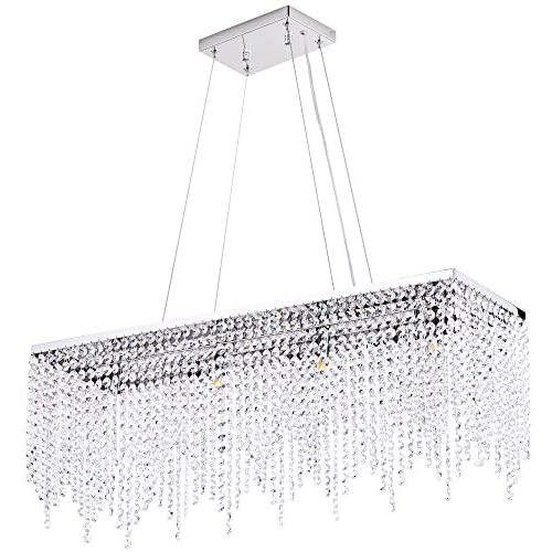 30'' Contemporary Linear Crystal Chandelier - Stainless Island 6-Lights Crystal Pendant Lighting Fixture - Modern Rectangular Dining Room Crystal Hanging Light Luenfat Lighting