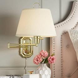 Fredericks Swing Arm Wall Lamp Brass Plug-in Light Fixture Ivory Mushroom Pleated Shade for Bedroom Bedside Living Room Reading - Barnes and Ivy