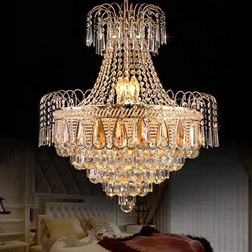 LITFAD Gold Crown Shaped Chandelier Luxurious Style Clear Crystal Pendant Light Modern LED Hanging Lights for Living Room Villa Dining Living Hotel - 16'' (40 cm) Wide