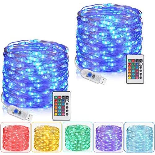 2 Pack Fairy Lights, Tesyker Lights for Bedroom with Remote Plug in Led String Lights, 16 Color Changing Lights USB Fairy Lights for Patio Indoor Party Costume 33 Ft 100 LEDs, Multicolor Lights