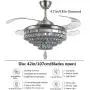 Lighting Groups Invisible Reversible Ceiling Fans 4 Circles Crystal Ceiling Fans Lamp-42 inch Transparent Retractable Blades Remote Control Fans Chandelier With LED Three Color Lights -for Indoor (Silver-03)