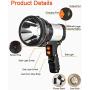 Rechargeable spotlight, Super Bright 7000 Lumens LED Searchlight Handheld, and Flood Camping Flashlight with Foldable Tripod with USB Output Function IPX4 Waterproof (ABS Silver)