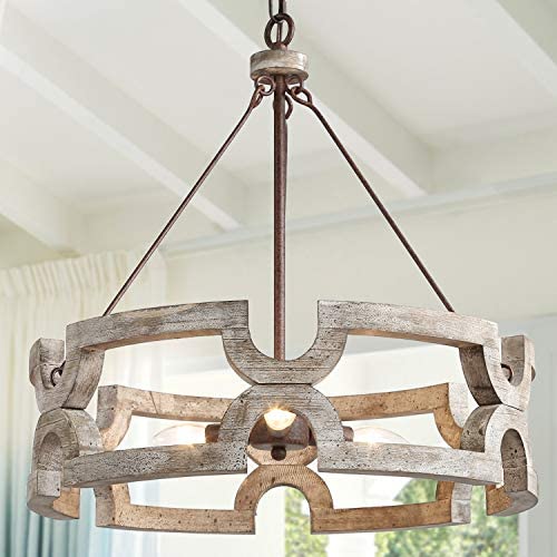 KSANA Farmhouse Chandelier, Wood Drum Chandeliers for Dining Rooms, Living Room, Hand-Painted White Finish, W19.5” X H21”