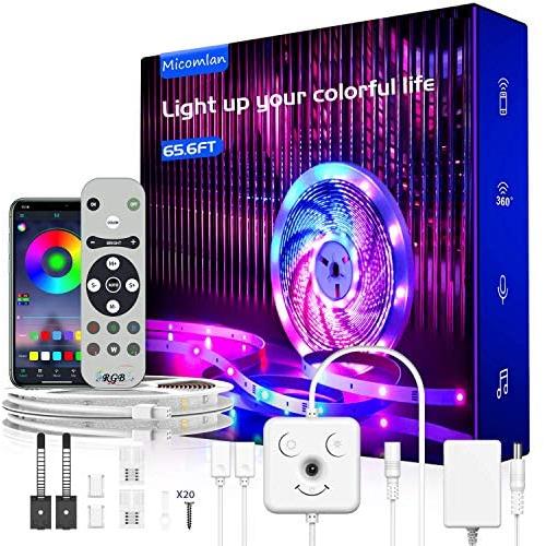 65.6ft LED Strip Lights, Music Sync Color Changing RGB LED Lights“Smile Face”Controller & Remote Built-in Mic, Bluetooth APP Light Strip Rope Lights， LED Light Strip for Bedroom