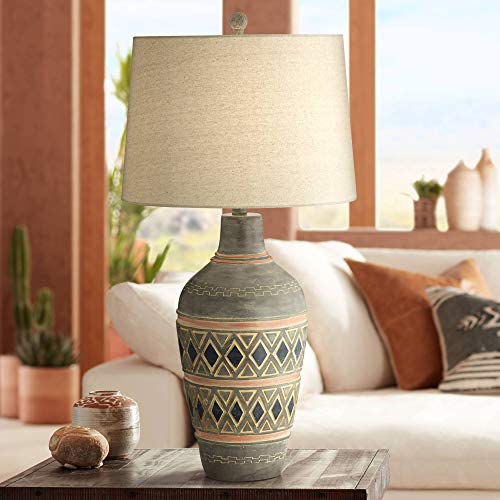 Desert Mesa Rustic Table Lamp Southwest Style Pattern Oatmeal Fabric Drum Shade for Living Room Bedroom Bedside Nightstand Office Family - John Timberland