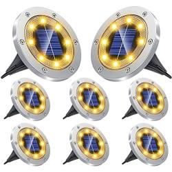 NFESOLAR Solar Ground Lights Outdoor Waterproof, 8 Packs Upgraded Solar Garden Lights with New Design, 8 LED Solar Disk Lights Landscape Lighting for Pathway Garden Walkway Yard - Warm White