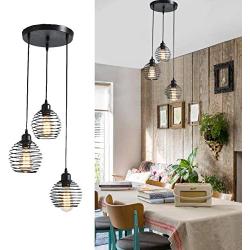 Garwarm Pendant Lighting with Spring Cage Vintage Adjustable Hanging Lighting Fixture 3-Lights Black Pendant Light for Kitchen Island Dining Room Foyer Farmhouse Bar