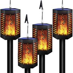 Urvoix Solar Torch Light with Flickering Flame - 4 Pack Waterproof Solar Flame Lights Outdoor with Ground Stakes, Solar Lantern with Hanging Clip Chains for Landscape Garden Pathway