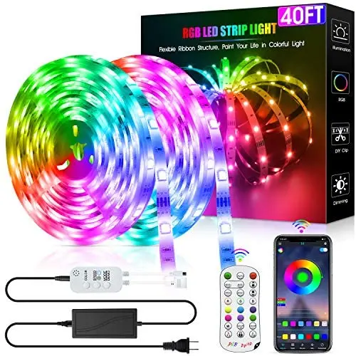 40ft RGB LED Strip Lights Kit, DZFtech Color Changing Smart LED Strip Lights with Remote, SMD 5050 LED Rope Lights with Bluetooth App Controller & Mic Music Sync for Bedroom Decoration, TV, Bar, DIY